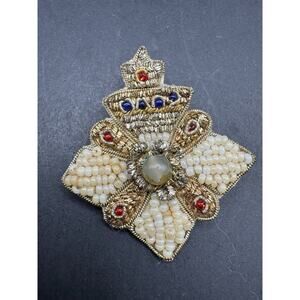 Vtg Miriam Haskell Unsigned Faux Pearls & Multicolor Glass Seed Beads Brooch Pin